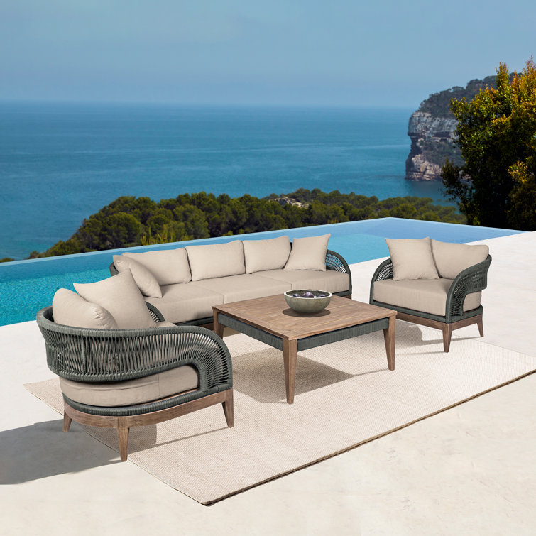 Hareton Patio 4 Piece Conversation Set in Eucalyptus Wood Gray Rope and Taupe Olefin Cushions Joss Main